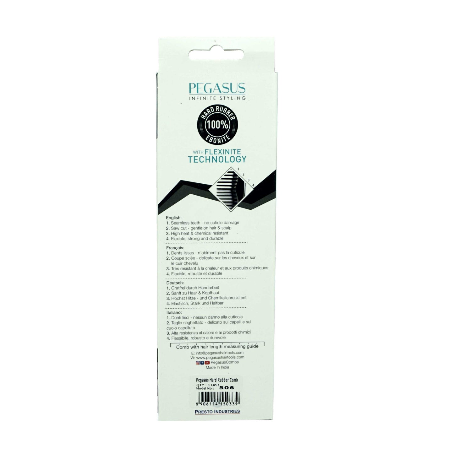Pegasus 506, 6.5in Hard Rubber Detangling Handled Styling Rake Comb, Seamless, Smooth Edges, Anti Static, Heat and Chemically Resistant, Wet Hair, Everyday Grooming Comb | Peines de goma dura - Black