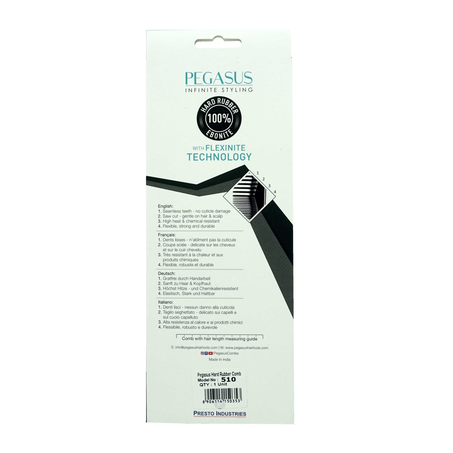 Pegasus 510, 9in Hard Rubber Large Detangling Handled Styling Rake Comb, Seamless, Smooth Edges, Anti Static, Heat and Chemically Resistant, Everyday Grooming Comb | Peines de goma dura - Black