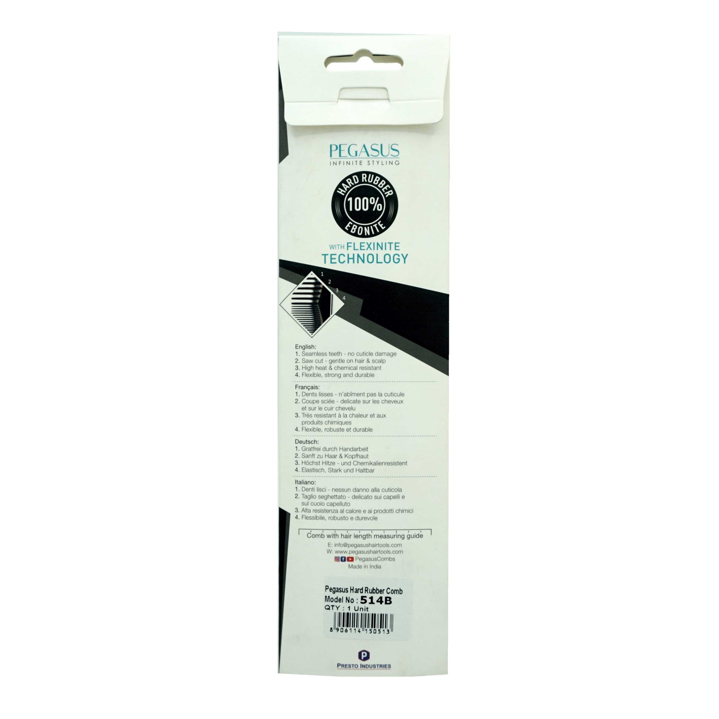 Pegasus 514B, 8.75in Hard Rubber Flattop Butch Comb, Handmade, Seamless, Smooth Edges, Anti Static, Heat and Chemically Resistant Comb | Peines de goma dura - Black