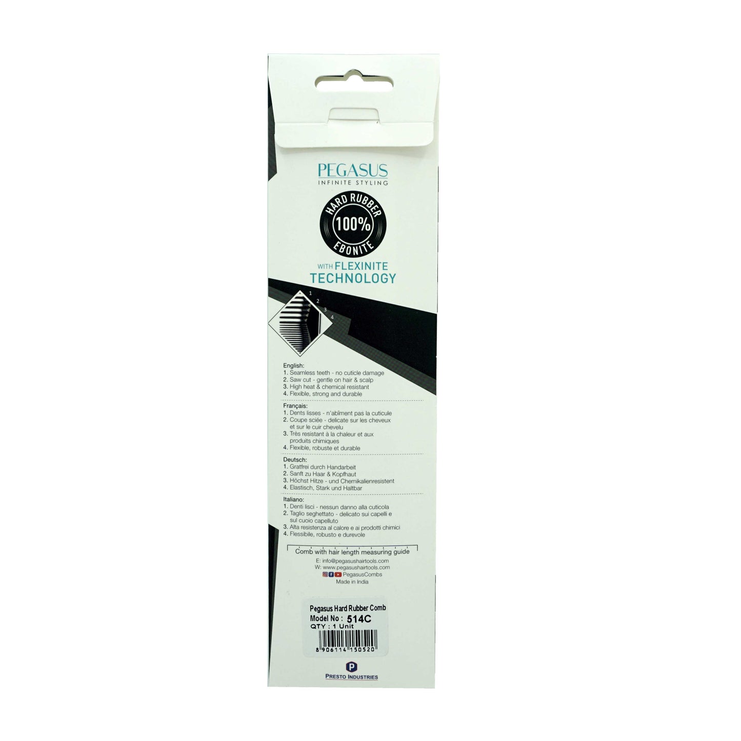 Pegasus 514C, 8.75in Hard Rubber Course Tooth Flattop Butch Comb, Handmade, Seamless, Smooth Edges, Anti Static, Heat and Chemically Resistant Comb | Peines de goma dura - Black
