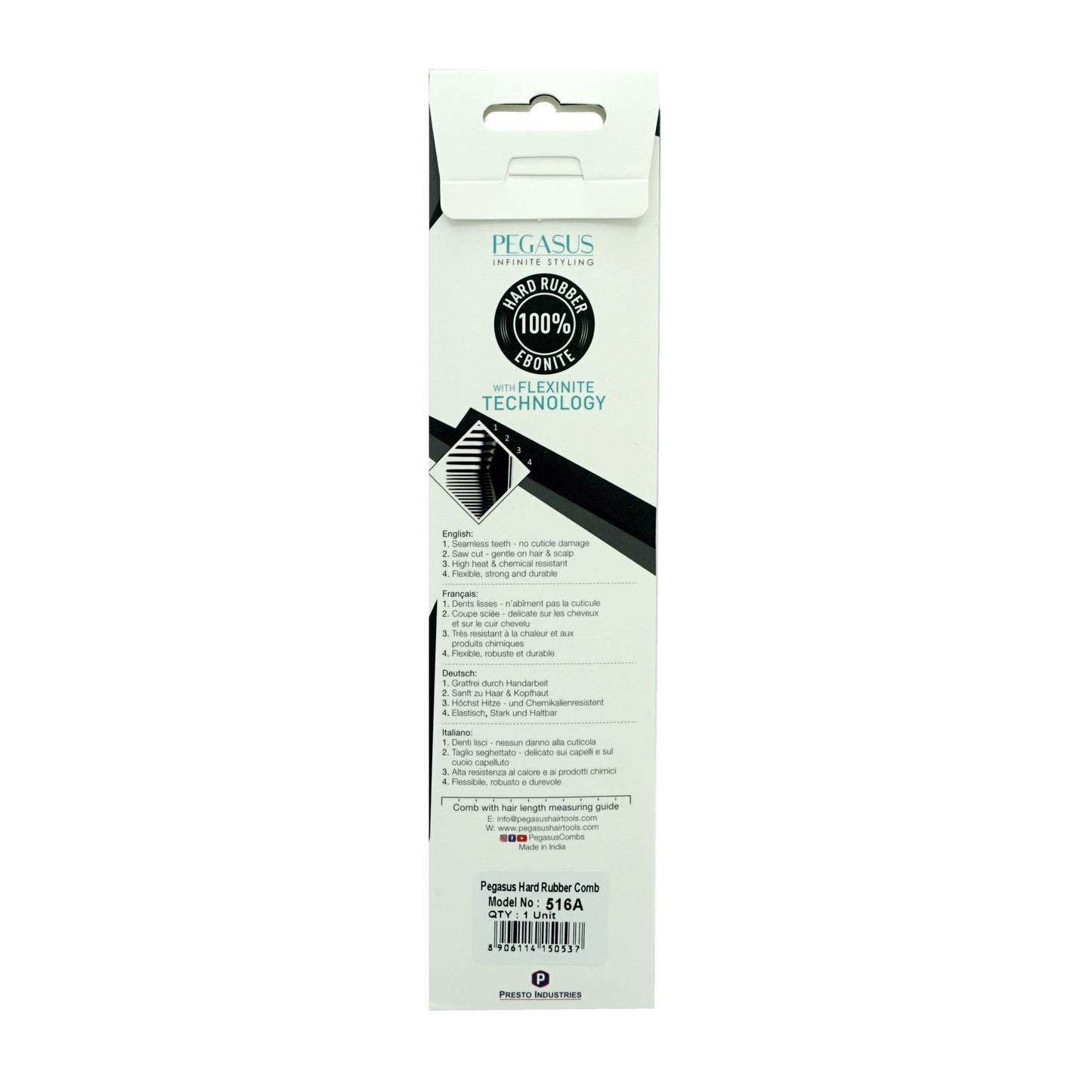 Pegasus 516A, 8in Hard Rubber Fine Tooth Klipper Comb, Handmade, Seamless, Smooth Edges, Anti Static, Heat and Chemically Resistant Comb | Peines de goma dura - Black