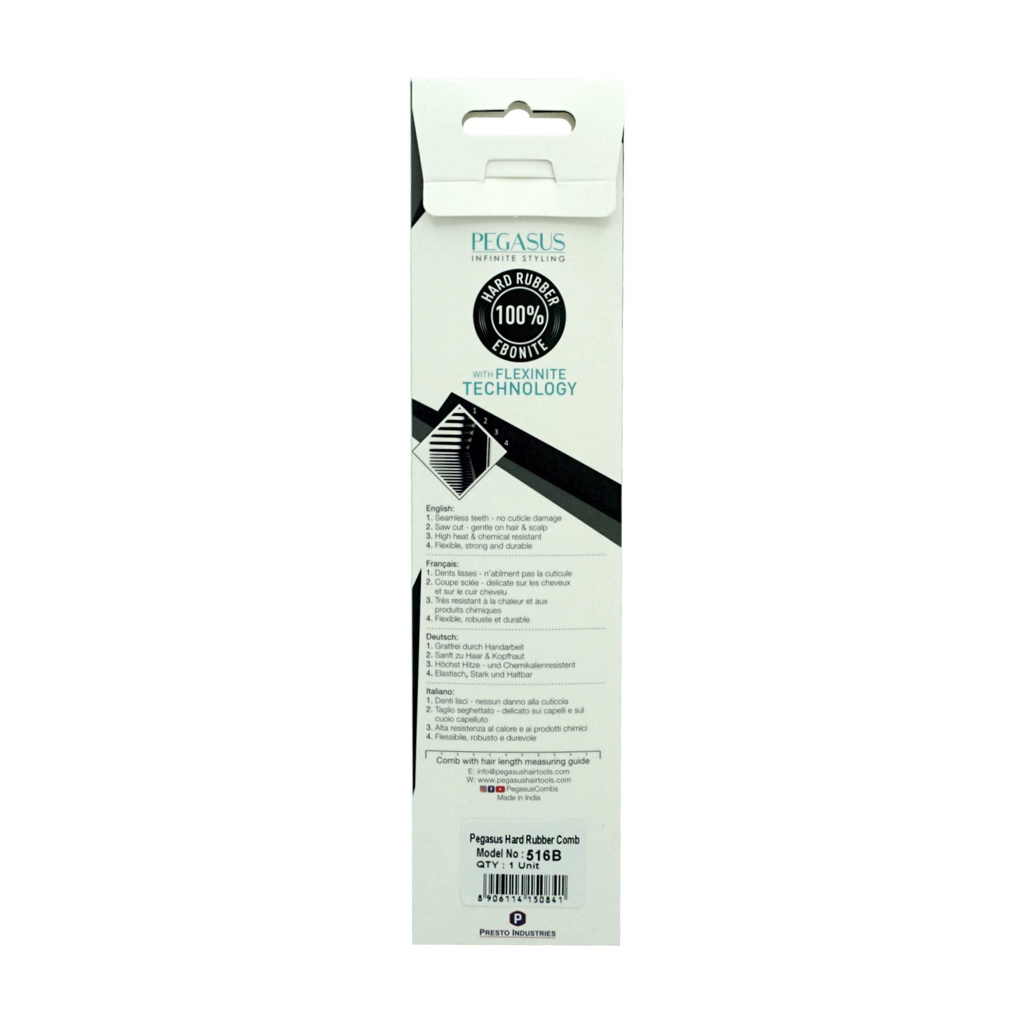 Pegasus 516B, 8in Hard Rubber Course Tooth Klipper Comb, Handmade, Seamless, Smooth Edges, Anti Static, Heat and Chemically Resistant Comb | Peines de goma dura - Black