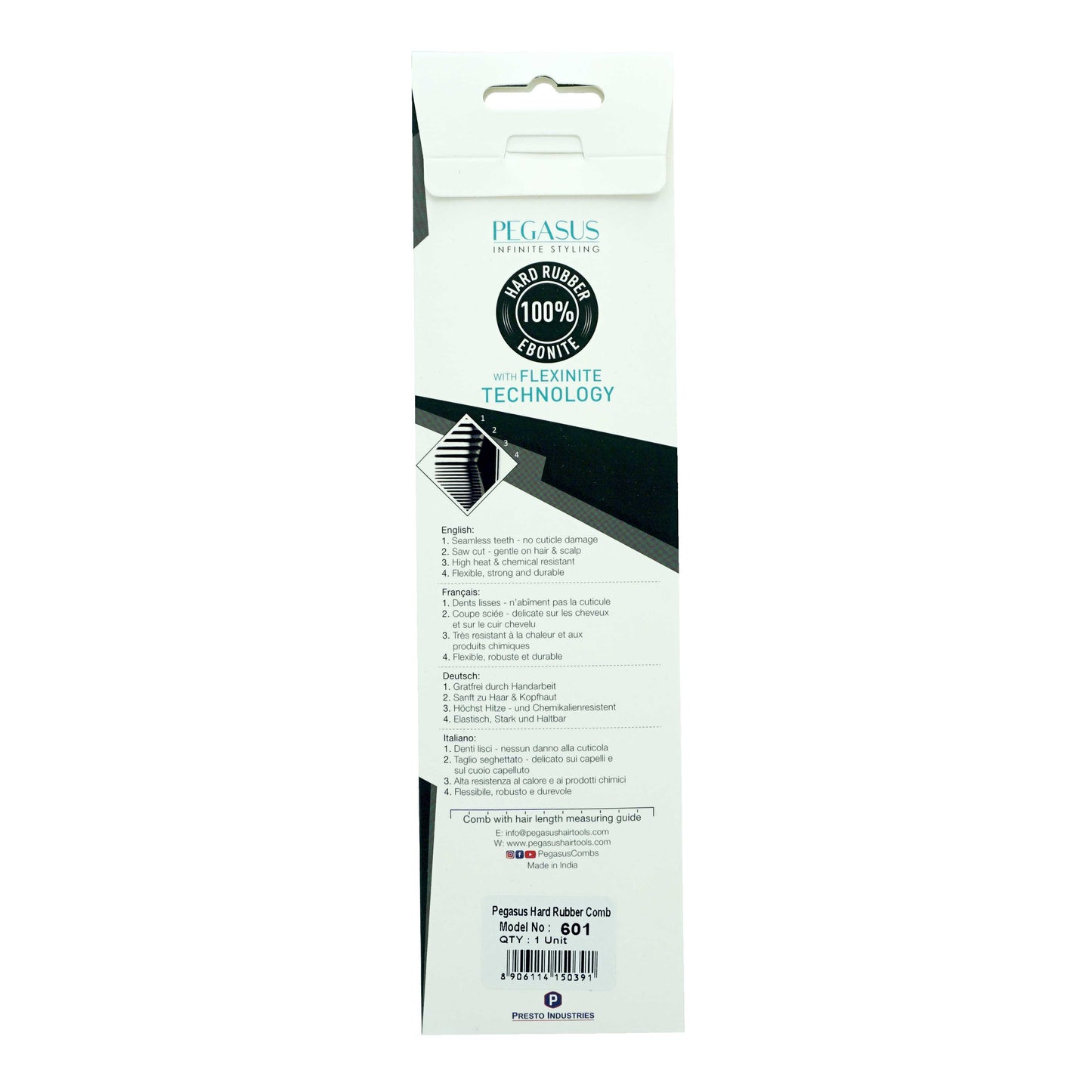 Pegasus 601, 3.5in Hard Rubber Lice Comb, Handmade, Seamless, Smooth Edges, Anti Static, Heat and Chemically Resistant Comb | Peines de goma dura - Black