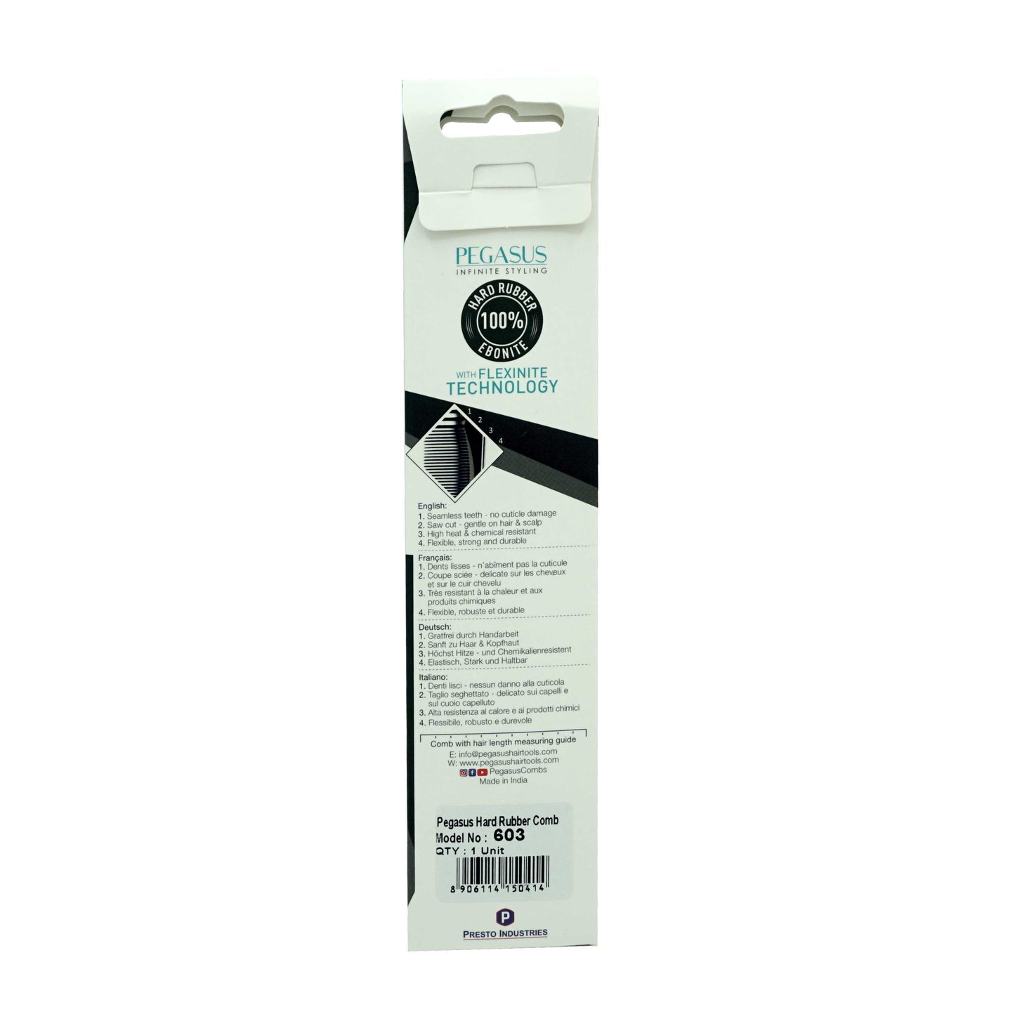 Pegasus 603, 5in Hard Rubber Pocket Comb, Handmade, Seamless, Smooth Edges, Anti Static, Heat and Chemically Resistant, Portable Pocket Purse Mustache Comb | Peines de goma dura - Black