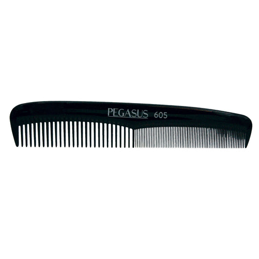 Pegasus 605, 7in Hard Rubber Styling Comb with Extra Fine Teeth,  Seamless, Smooth Edges, Anti Static, Heat and Chemically Resistant, Portable Pocket Purse Dresser Comb | Peines de goma dura - Black