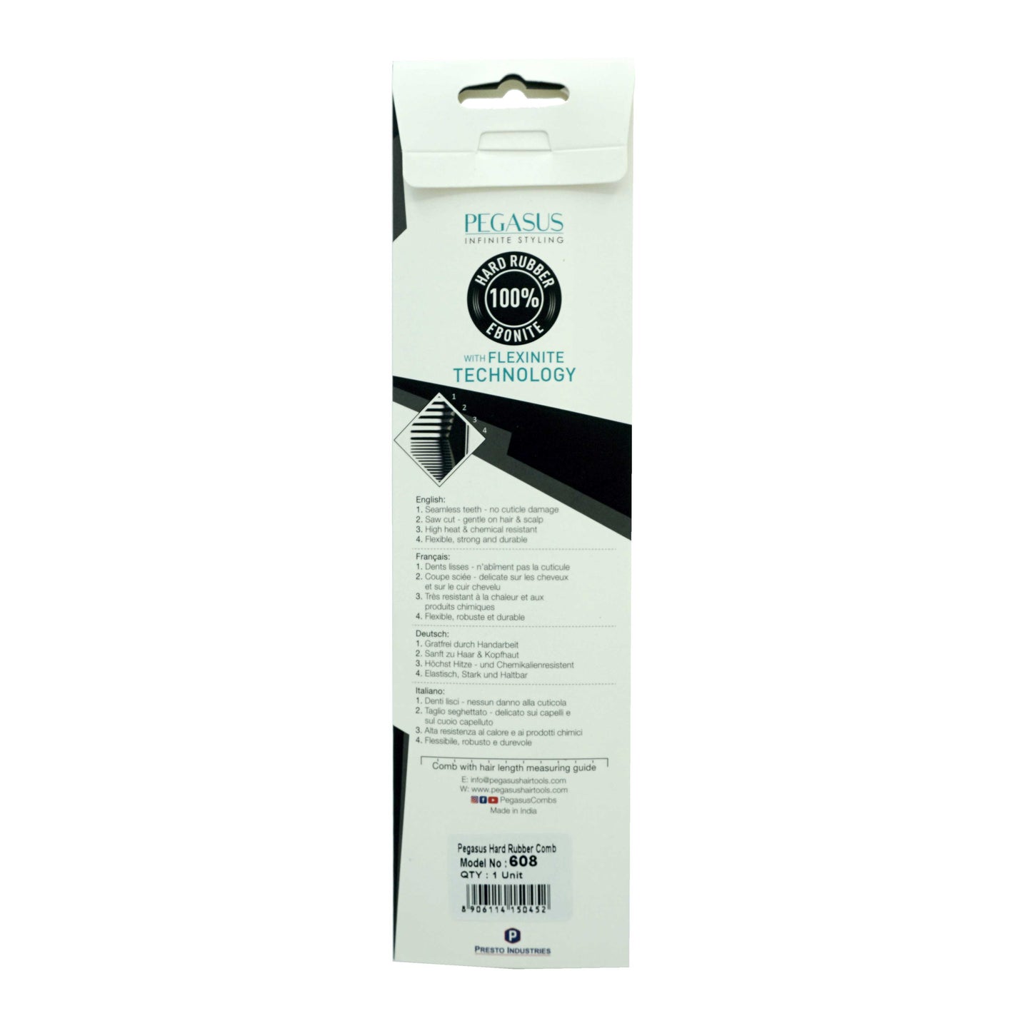 Pegasus 608, 8in Hard Rubber Heavy Styling Comb w Course/Extra Fine Teeth, Smooth Edges, Anti Static, Heat and Chemically Resistant, Portable Pocket Purse Dresser Comb | Peines de goma dura - Black