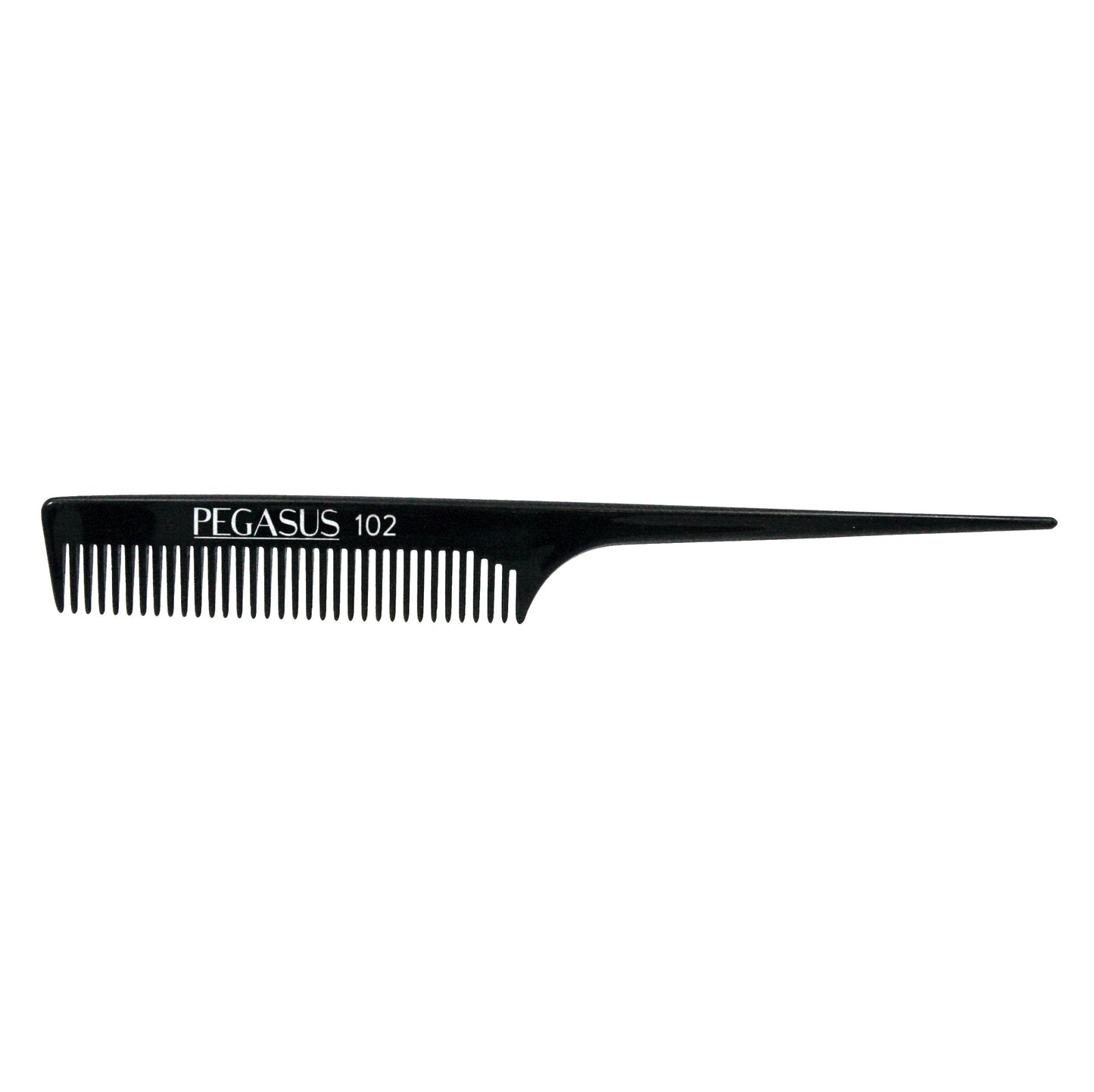Pegasus 102, 8in Hard Rubber Course Tooth Rat Tail Comb, Handmade, Seamless, Smooth Edges, Anti Static, Heat and Chemically Resistant, Great for Parting, Coloring Hair | Peines de goma dura - Black