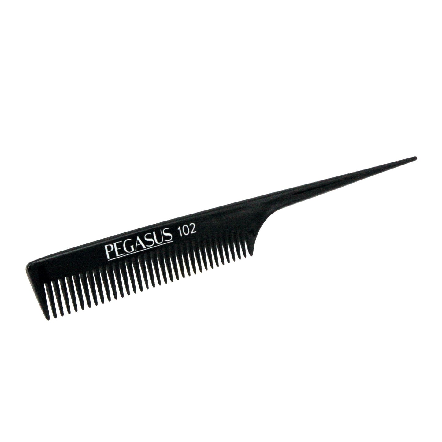 Pegasus 102, 8in Hard Rubber Course Tooth Rat Tail Comb, Handmade, Seamless, Smooth Edges, Anti Static, Heat and Chemically Resistant, Great for Parting, Coloring Hair | Peines de goma dura - Black