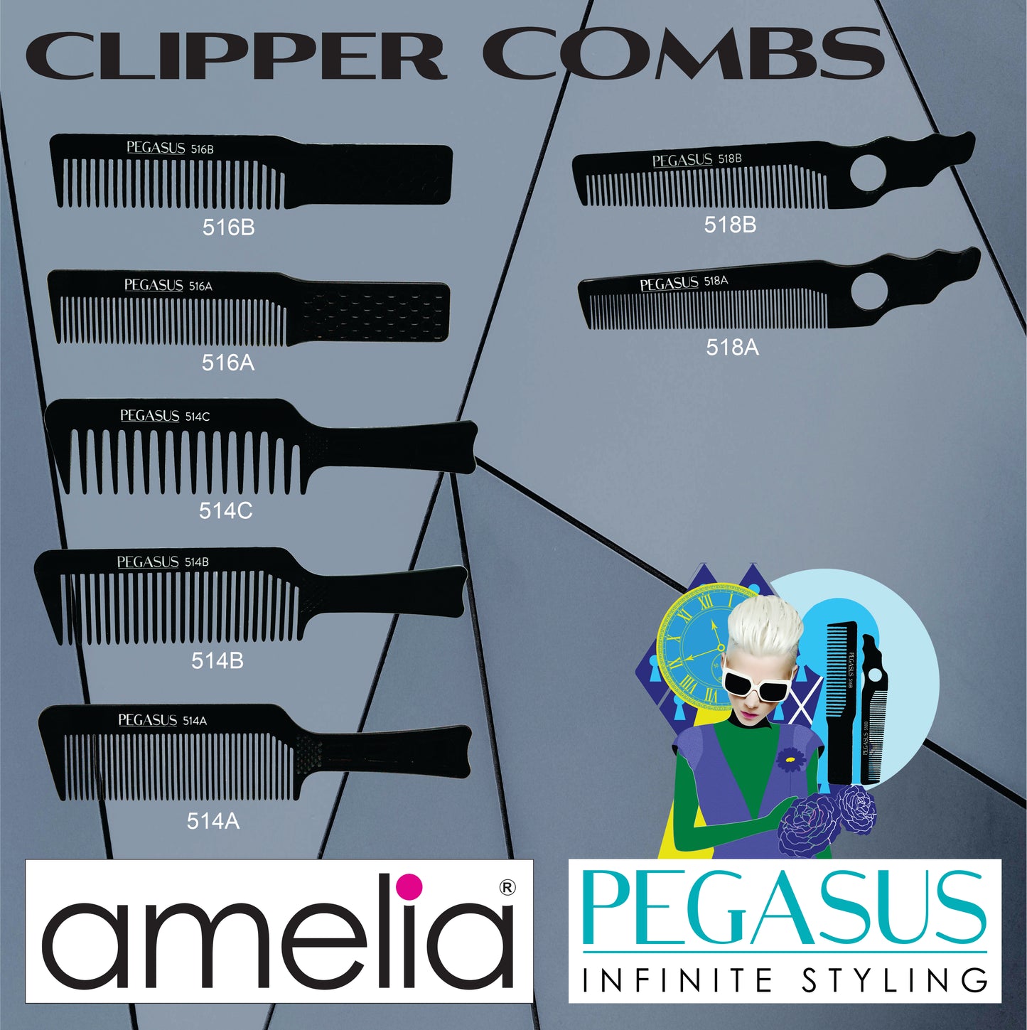 Pegasus 516A, 8in Hard Rubber Fine Tooth Klipper Comb, Handmade, Seamless, Smooth Edges, Anti Static, Heat and Chemically Resistant Comb | Peines de goma dura - Black