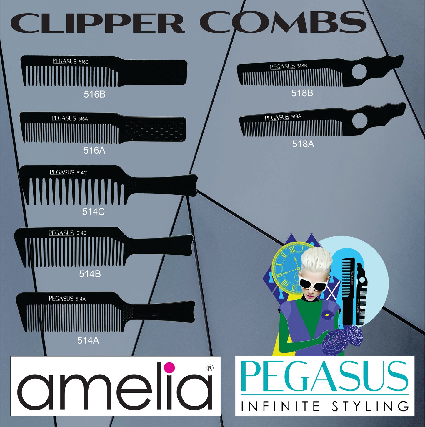 Pegasus 514C, 8.75in Hard Rubber Course Tooth Flattop Butch Comb, Handmade, Seamless, Smooth Edges, Anti Static, Heat and Chemically Resistant Comb | Peines de goma dura - Black