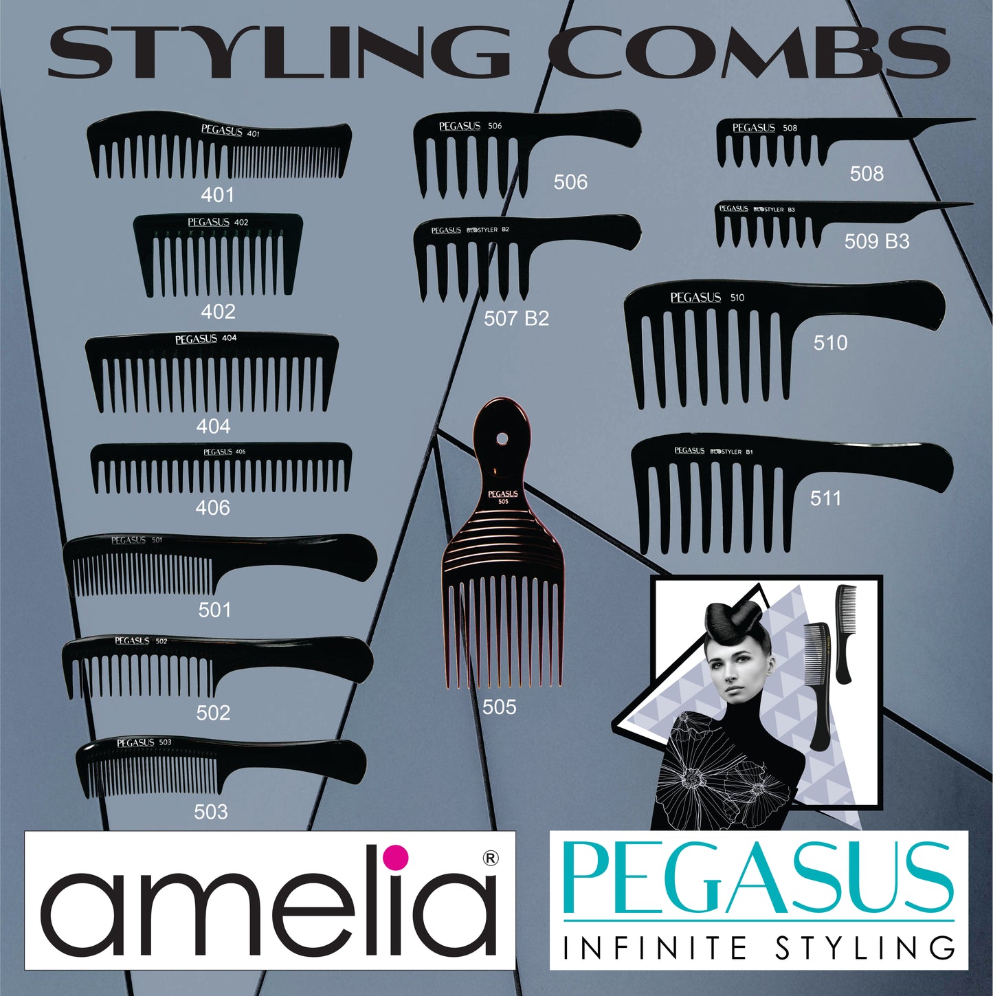 Pegasus 510, 9in Hard Rubber Large Detangling Handled Styling Rake Comb, Seamless, Smooth Edges, Anti Static, Heat and Chemically Resistant, Everyday Grooming Comb | Peines de goma dura - Black