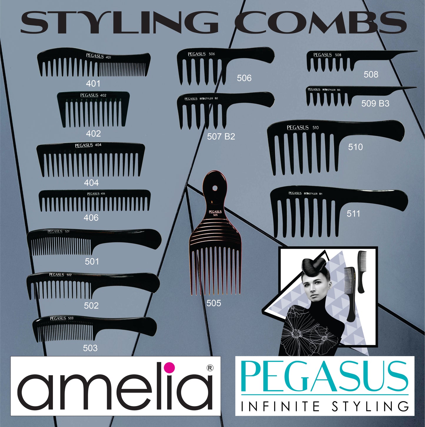 Pegasus 401, 7.75in Hard Rubber Curved Styling Comb, Handmade, Seamless, Smooth Edges, Anti Static, Heat and Chemically Resistant, Wet Hair, Everyday Grooming Comb | Peines de goma dura - Black