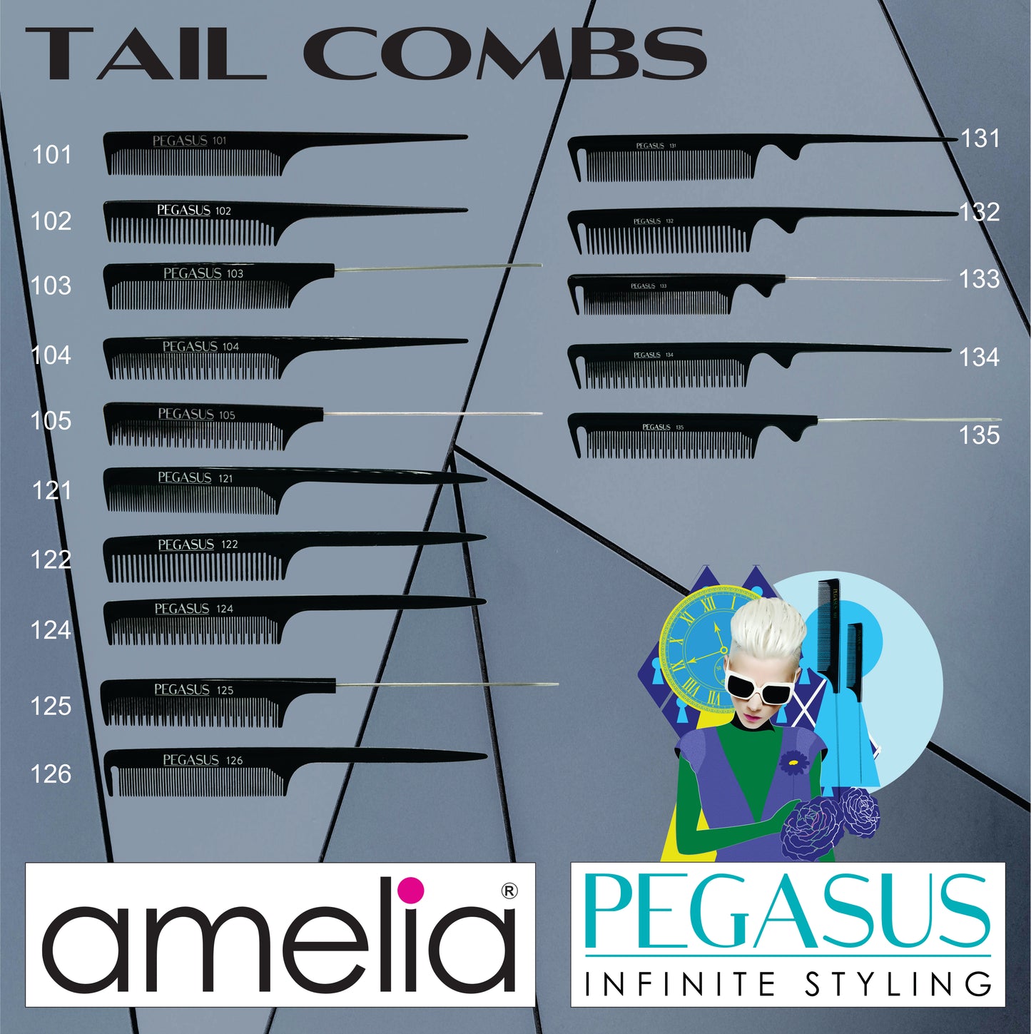 Pegasus 135, 9.5in Hard Rubber Pintail Tease Comb with Sectioning, Anti Static, Heat and Chemically Resistant, Stainless Steel Pin, Great for Parting, Coloring Hair | Peines de goma dura - Black