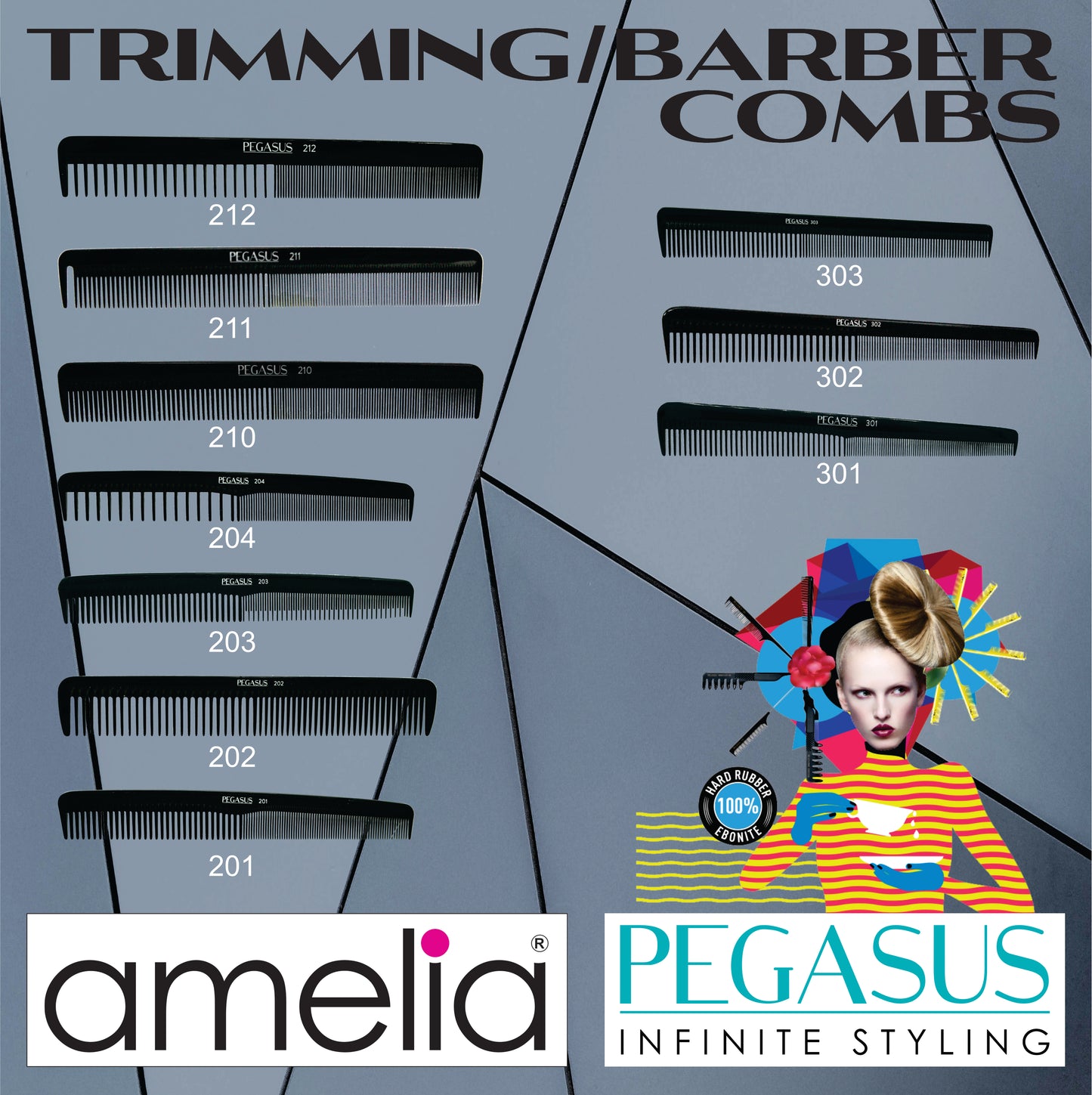 Pegasus 212, 8.25in Hard Rubber Styling Comb with Extra Course and Fine Teeth, Smooth Edges, Anti Static, Heat and Chemically Resistant, Wet Hair, Everyday Grooming Comb | Peines de goma dura - Black