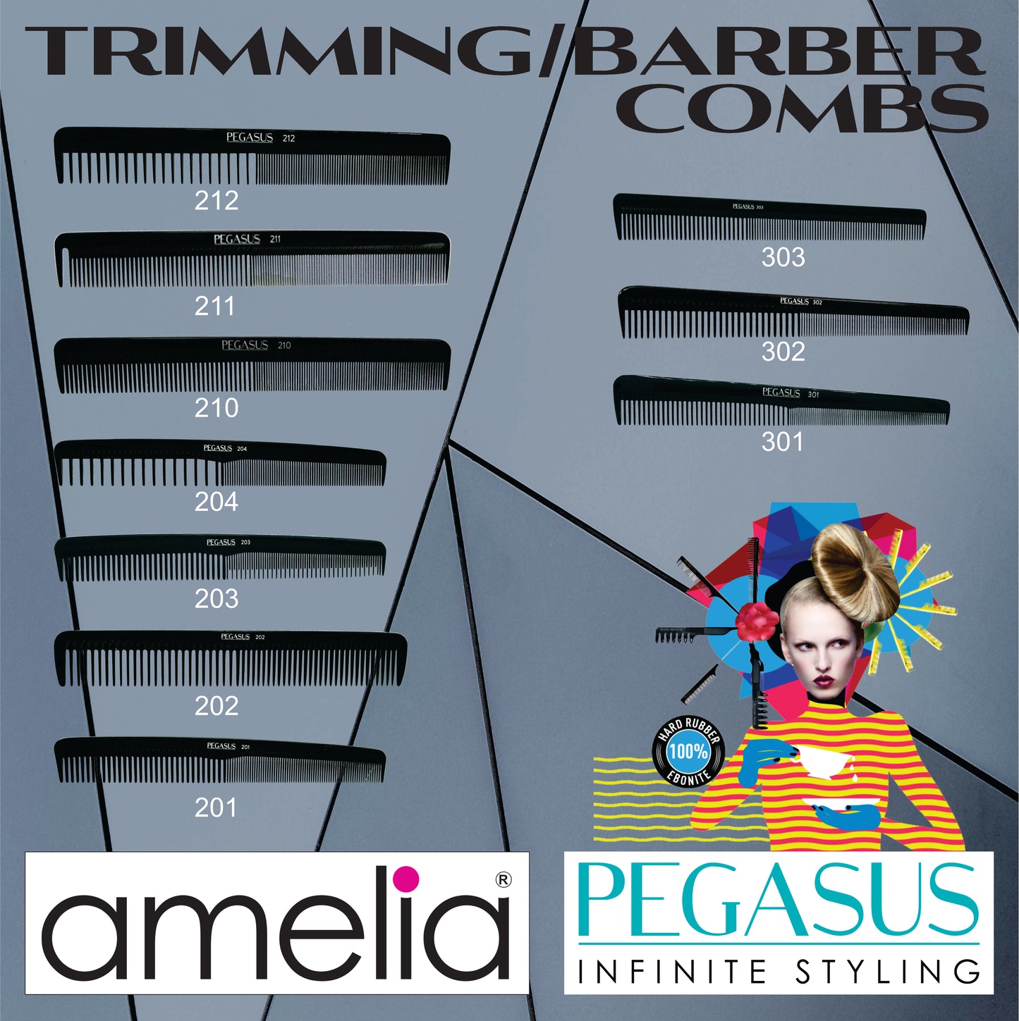 Pegasus 204, 7in Hard Rubber Hair Trimming/Cutting Com with Extra Course/Fine Teeth, Anti Static, Heat and Chemically Resistant, Wet Hair, Everyday Grooming Comb | Peines de goma dura - Black