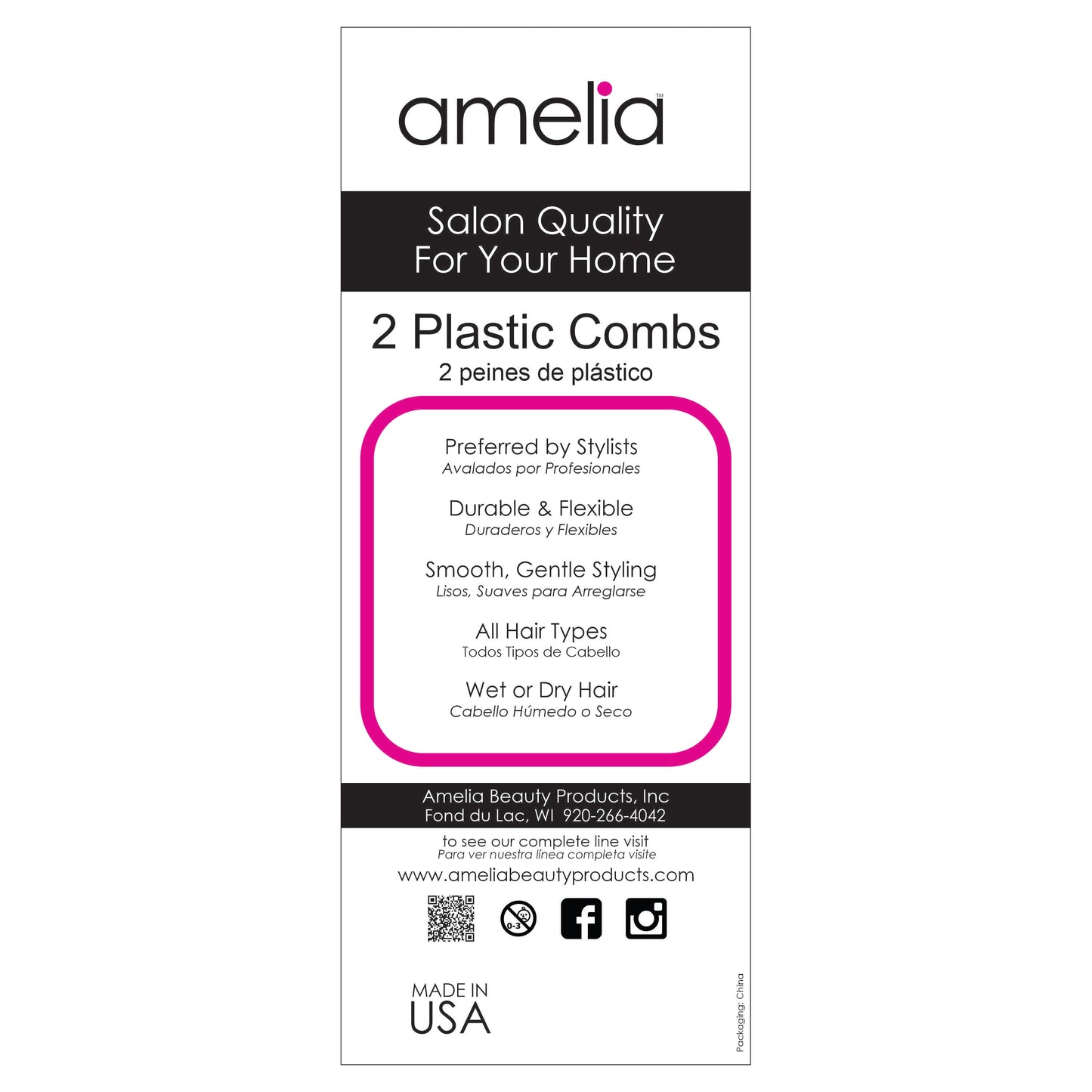 Amelia Beauty, 7in Black Plastic Barber Comb, Made in USA, Professional Grade Pocket Hair Comb, For Blending, Cutting,  Portable Salon Barber Shop Everyday Styling Cutting Hair Styling Tool, 2 Pack