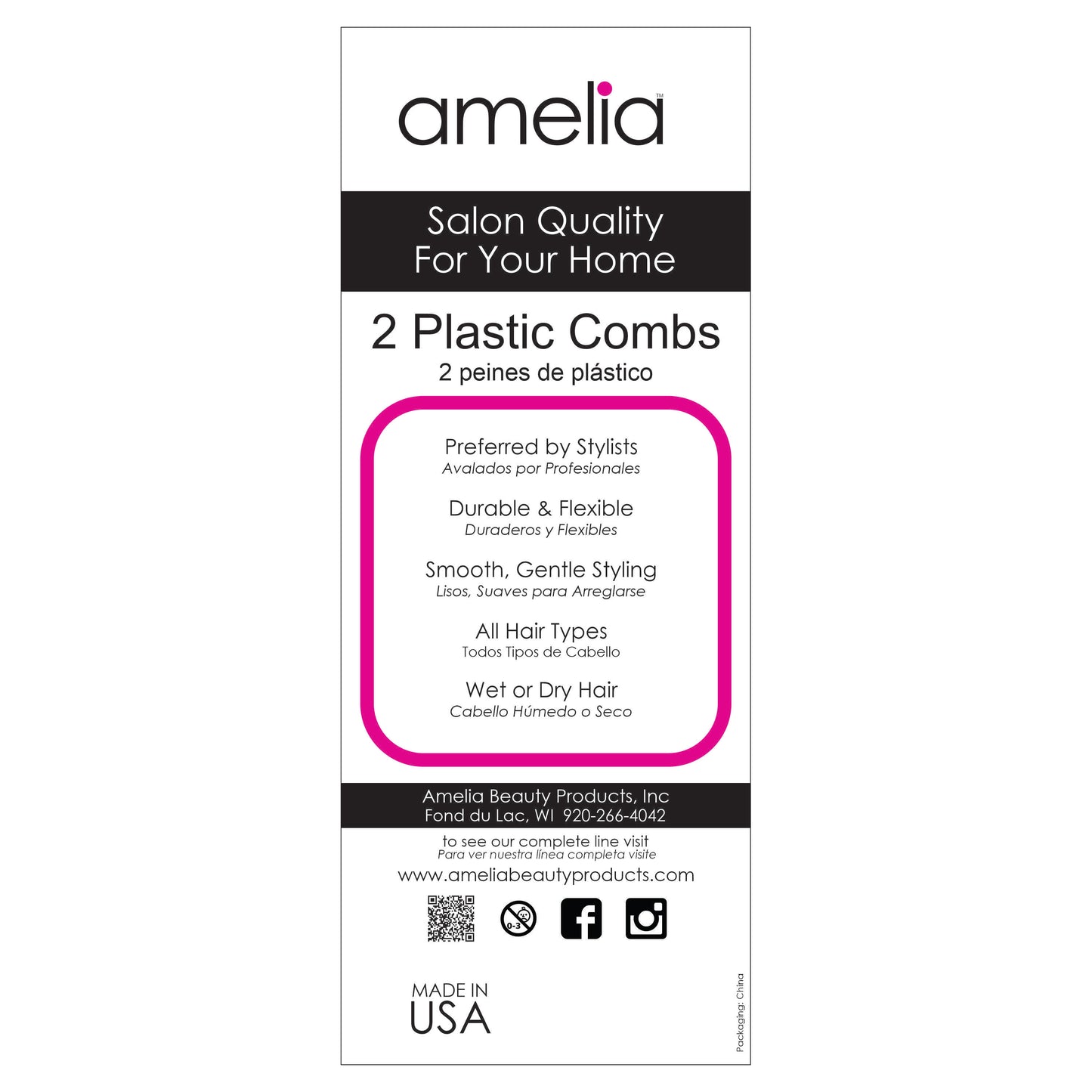 Amelia Beauty, 7in Black Curly Hair Wide Tooth Pick, Made in USA, Professional Grade Hair Pick Creates Volume, Detangles, Portable Salon Barber Shop Afro Pick Comb Hair Styling Tool, 7"x3", 2 Pack