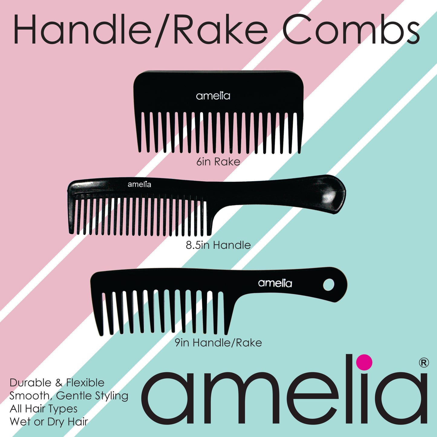 Amelia Beauty,6in Black Plastic Detangling Rake Comb, Made in USA, Professional Grade Comb,  Portable Salon Barber Shop Black Everyday Styling Rake Comb Hair Styling Tool, 6"x3.25", 2 Pack