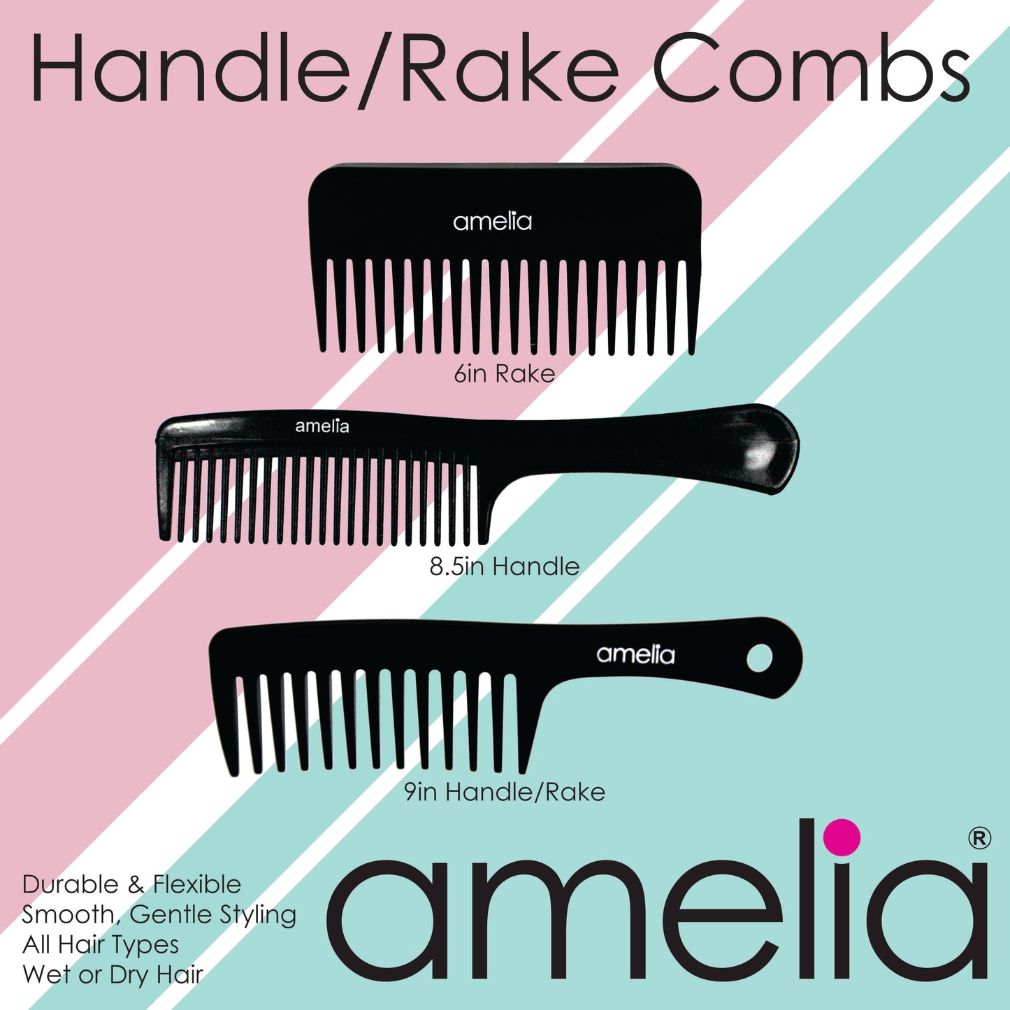 Amelia Beauty, 8.5in Black Plastic Handle Comb, Made in USA, Professional Grade Hair Comb, For Combing Out Long Thick Hair, Wet or Dry, Everyday Styling Cutting Hair Styling Tool, 8.5"x1.5", 2 Pack