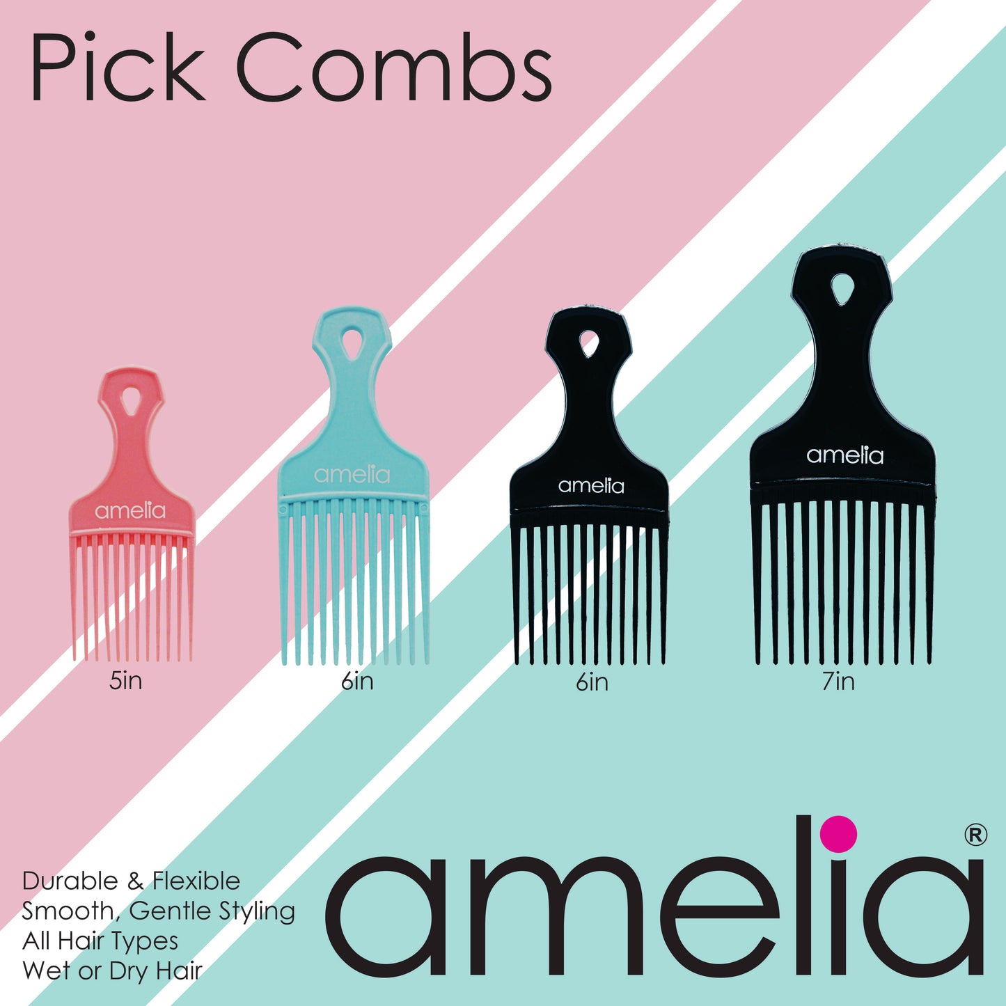 Amelia Beauty, 6in Black Curly Hair Wide Tooth Pick, Made in USA, Professional Grade Hair Pick Create Volume, Detangle, Portable Salon Barber Shop Afro Pick Comb Hair Styling Tool, 6"x2.5", 2 Pack