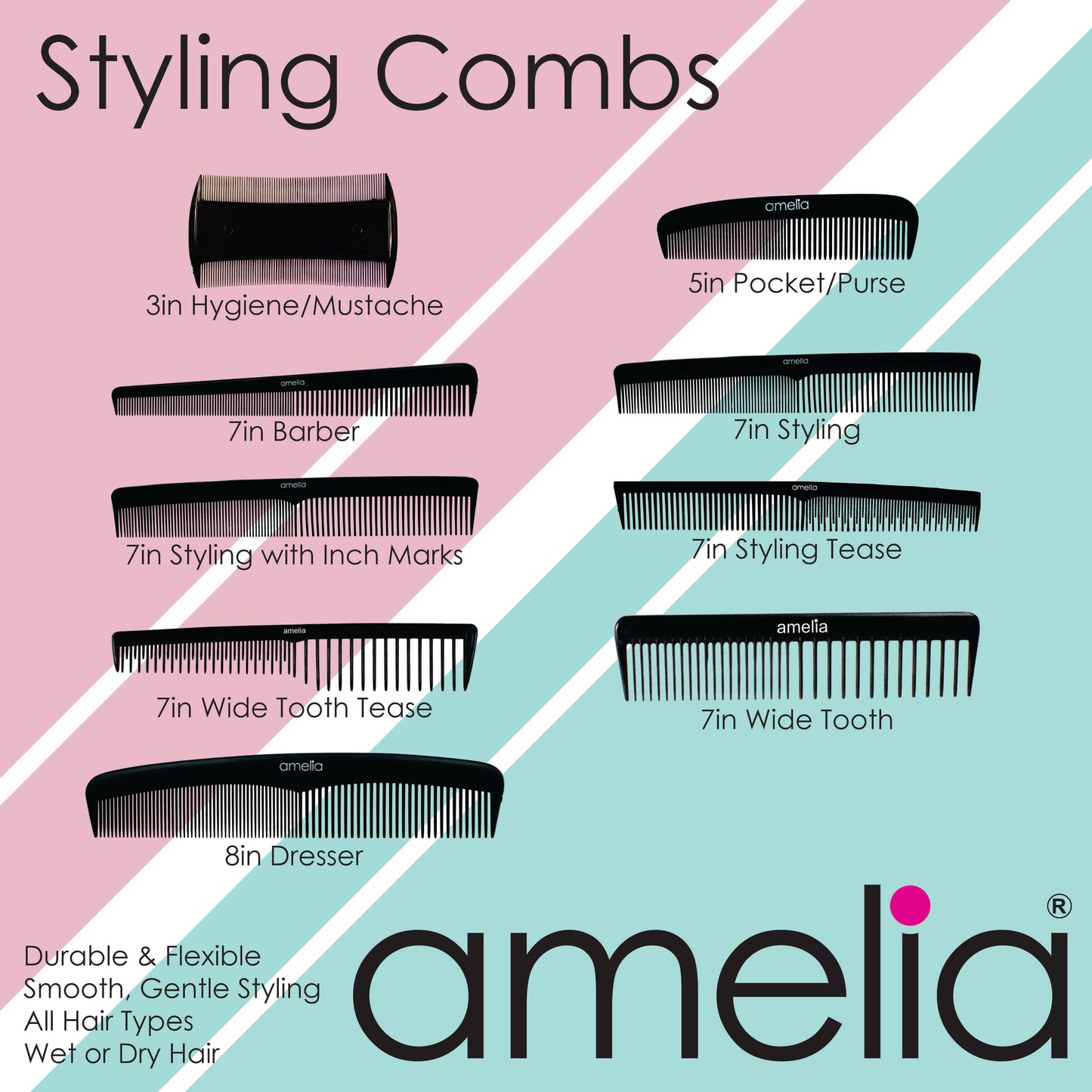 Amelia Beauty, 7in Black Plastic Styling Comb, Made in USA, Professional Grade Pocket Hair Comb, Blending, Cutting Portable Salon Barber Shop Everyday Styling Cutting Hair Styling Tool, 2 Pack