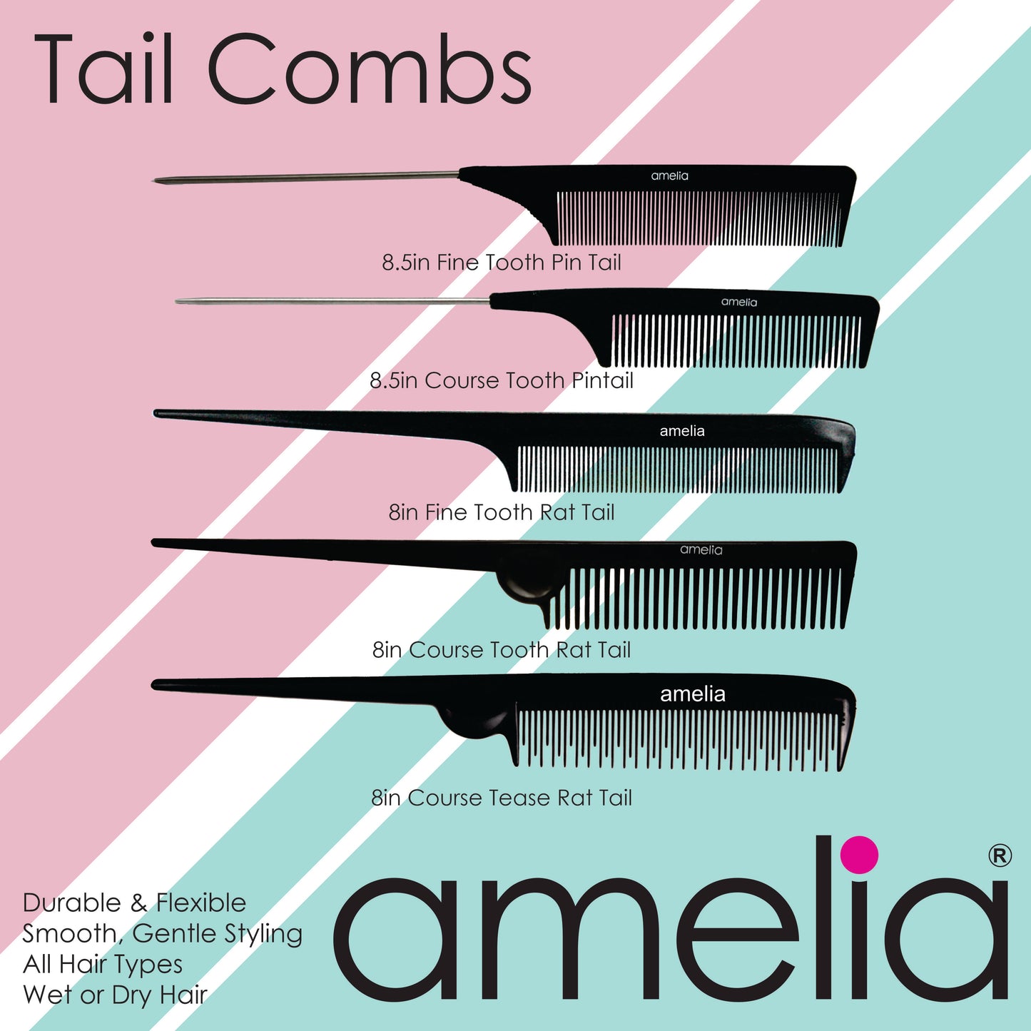 Amelia Beauty, 8.5in Black Plastic Pin Rat Tail Fine Tooth Comb, Professional Grade Hair Comb, For Highlighting, Sectioning & Styling Hair with Long Tail Tip, Wet or Dry, 8.5"x1", 2 Pack