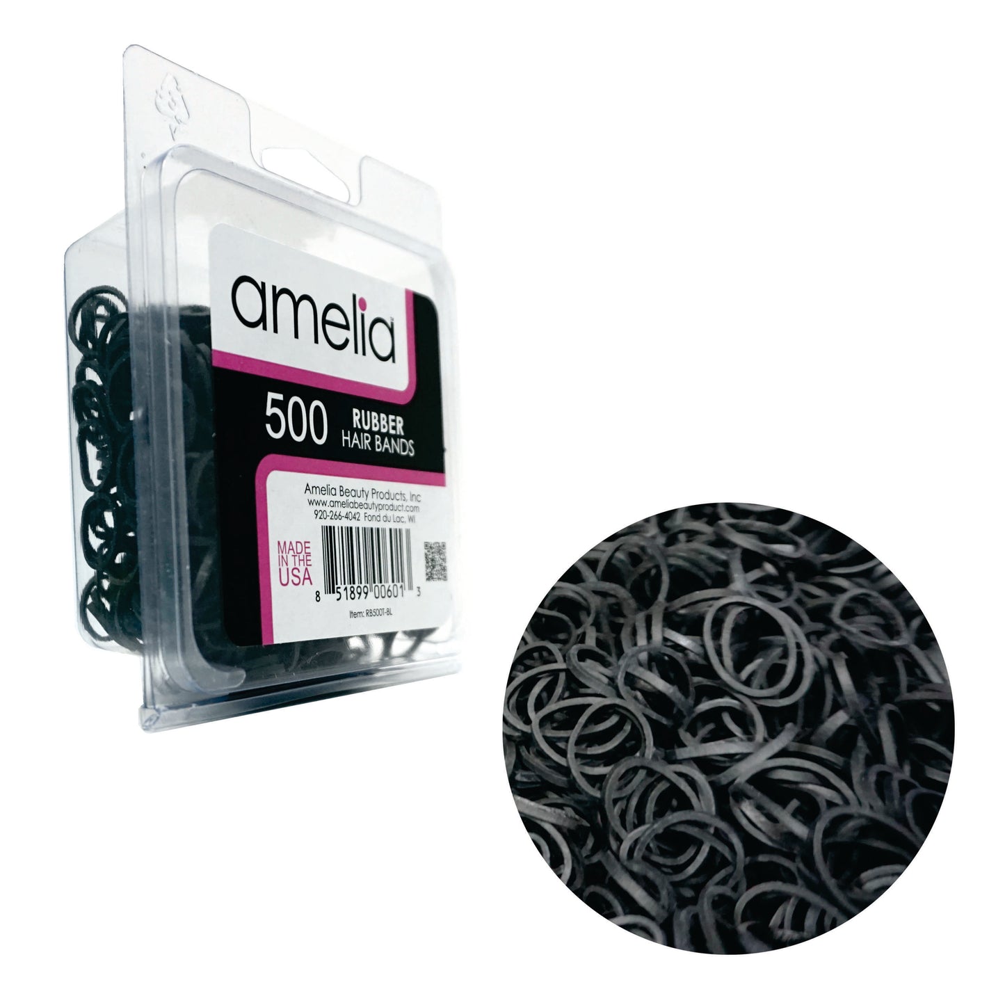 Amelia Beauty | 1/2in, Black, Elastic Rubber Band Pony Tail Holders | Made in USA, Ideal for Ponytails, Braids, Twists, Dreadlocks, Styling Accessories for Women, Men and Girls | 500 Pack