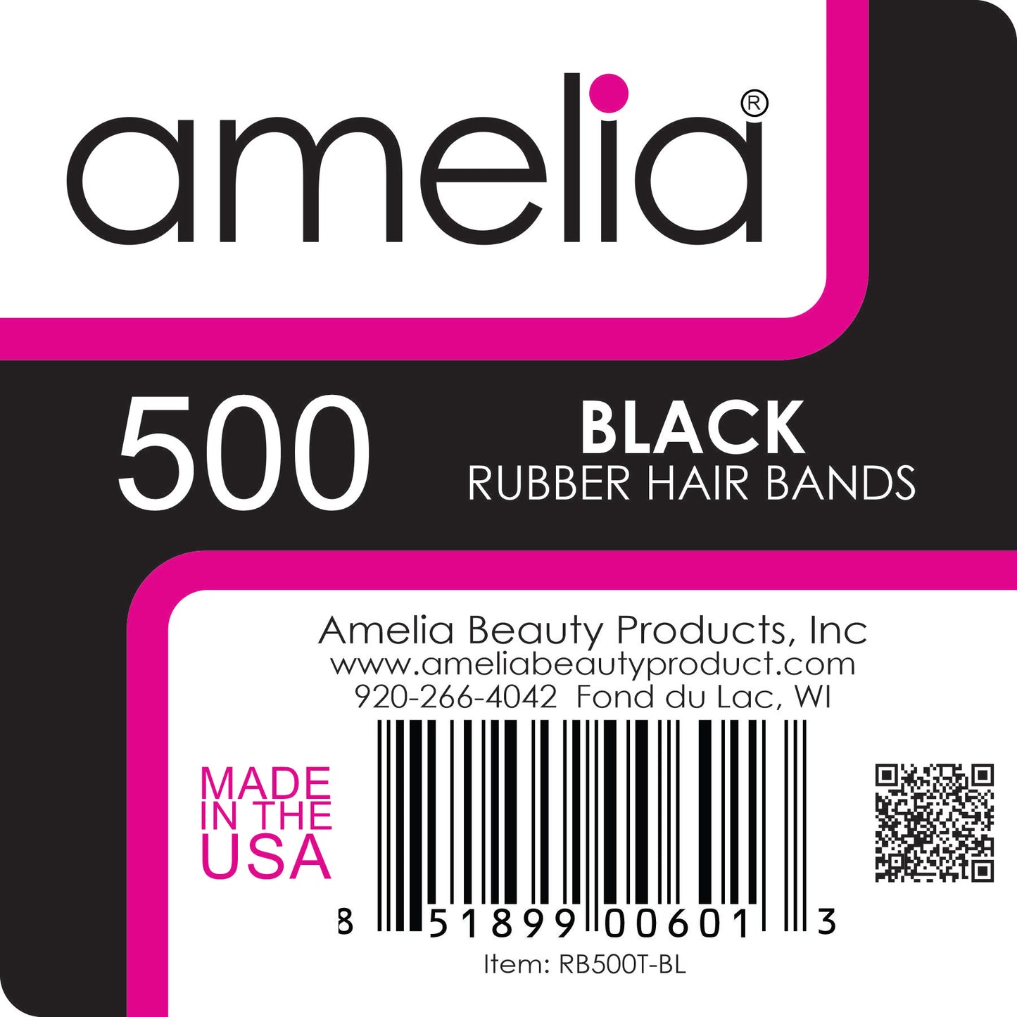 Amelia Beauty | 1/2in, Black, Elastic Rubber Band Pony Tail Holders | Made in USA, Ideal for Ponytails, Braids, Twists, Dreadlocks, Styling Accessories for Women, Men and Girls | 500 Pack