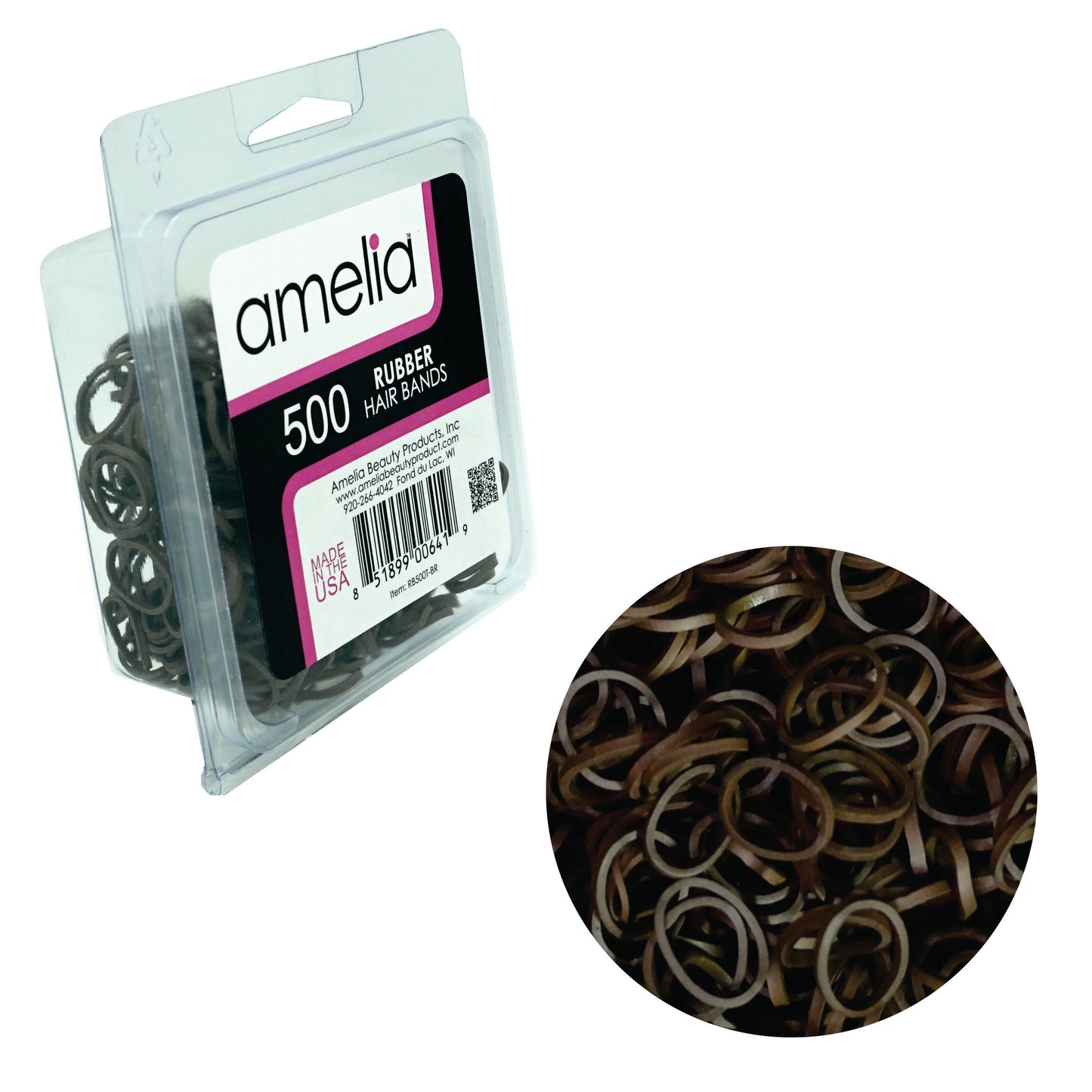 Amelia Beauty | 1/2in, Brown, Elastic Rubber Band Pony Tail Holders | Made in USA, Ideal for Ponytails, Braids, Twists, Dreadlocks, Styling Accessories for Women, Men and Girls | 500 Pack