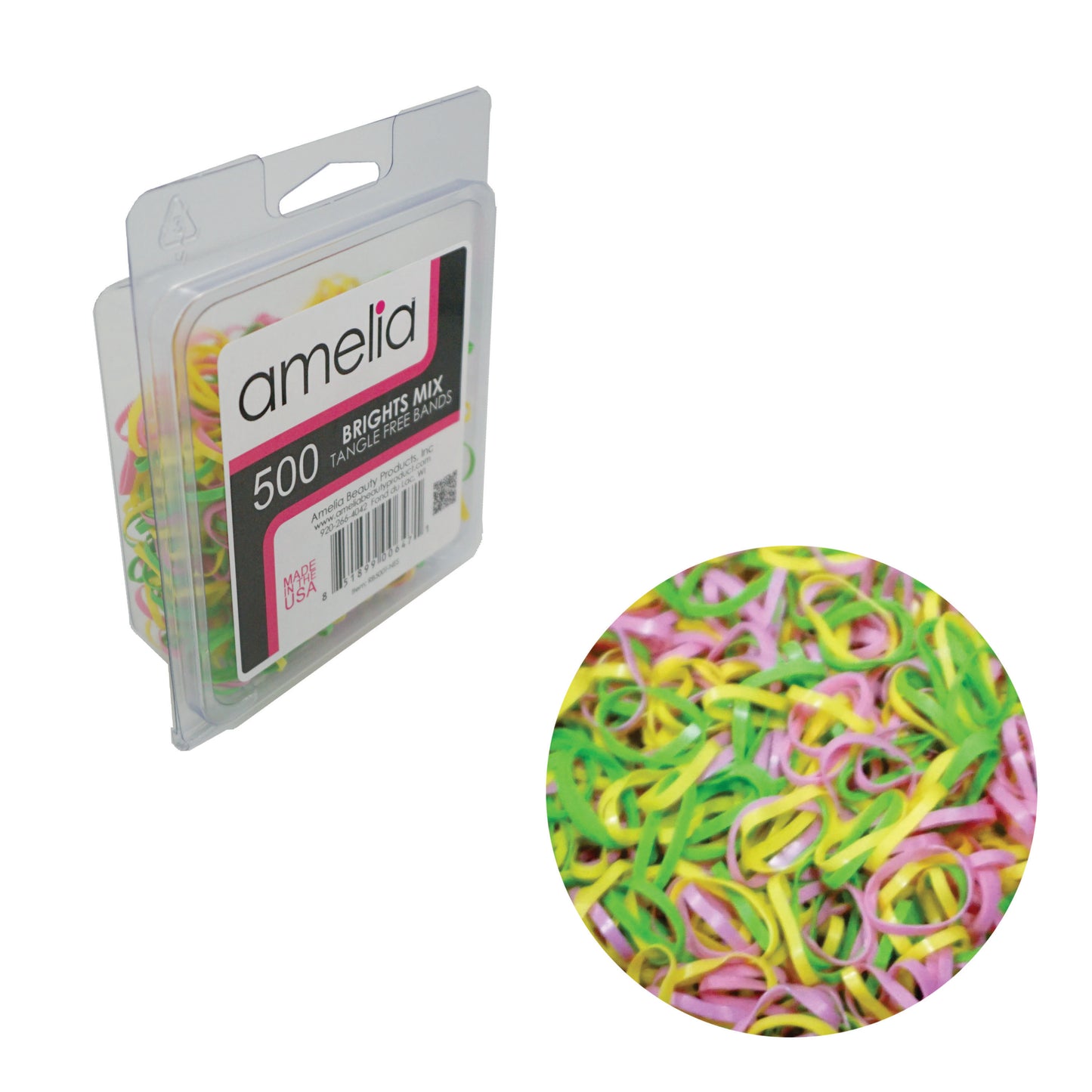 Amelia Beauty | 1/2in, Brights Neon Mix, Tangle Free Elastic Pony Tail Holders | Made in USA, Ideal for Ponytails, Braids, Twists. For Women, Girls. Pain Free, Snag Free, Easy Off | 500 Pack