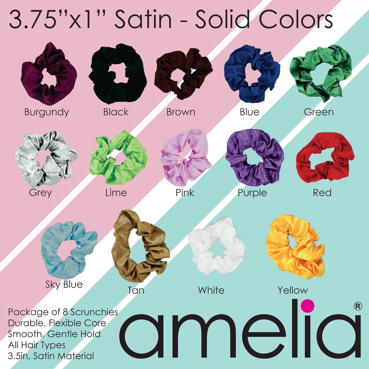 Amelia Beauty Products, Black, Burgundy, Purple and Pink Satin Scrunchies, 3.5in Diameter, Gentle on Hair, Strong Hold, No Snag, No Dents or Creases. 8 Pack