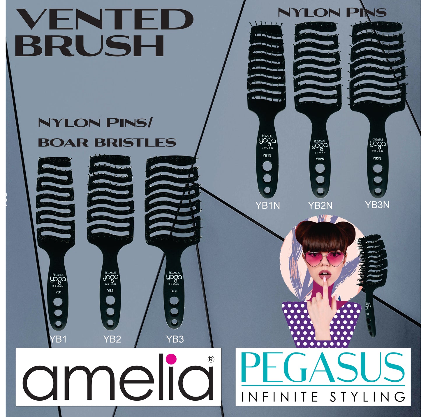 9in Flexible Vented Brush, Pegasus YB3 - Yoga Brush with Nylon and Boar Bristles