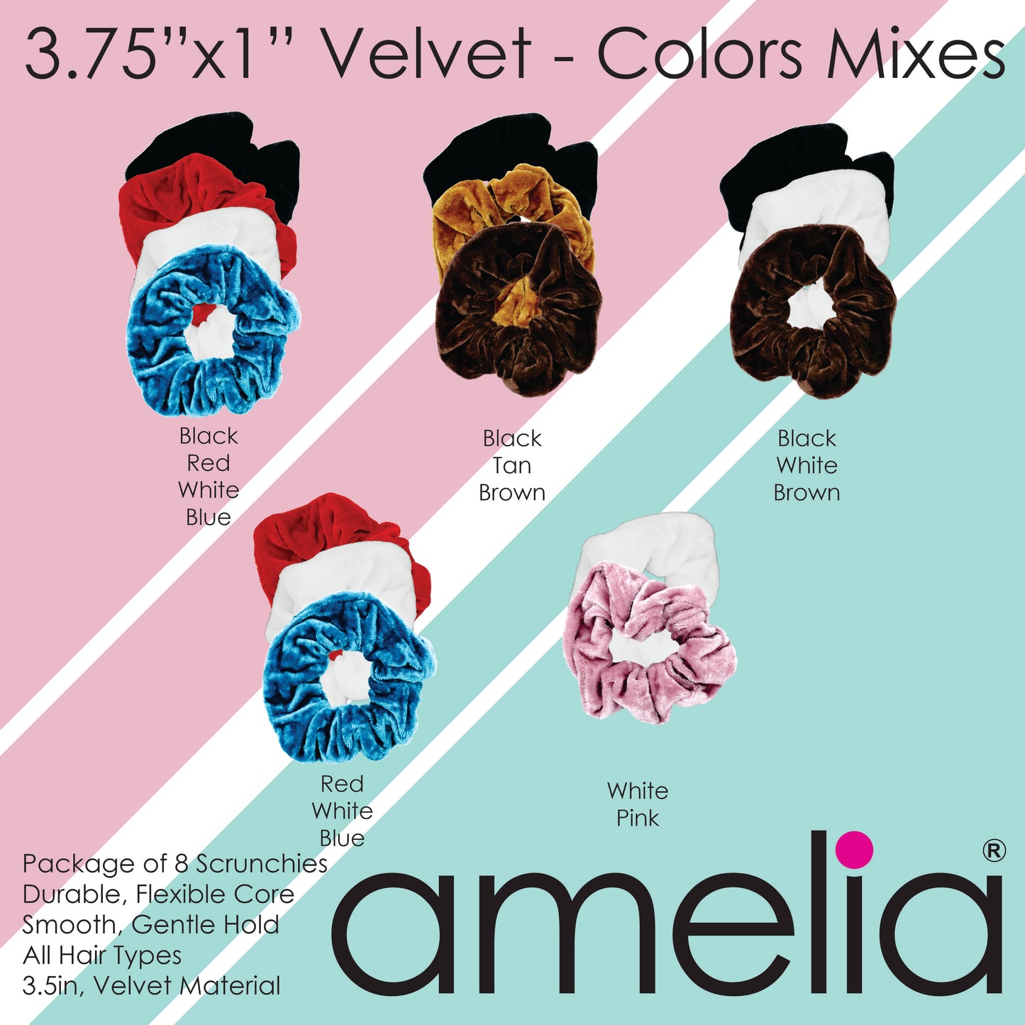 Amelia Beauty Products, Black, Red, White and Blue Velvet Velvet Scrunchies, 3.5in Diameter, Gentle on Hair, Strong Hold, No Snag, No Dents or Creases. 8 Pack