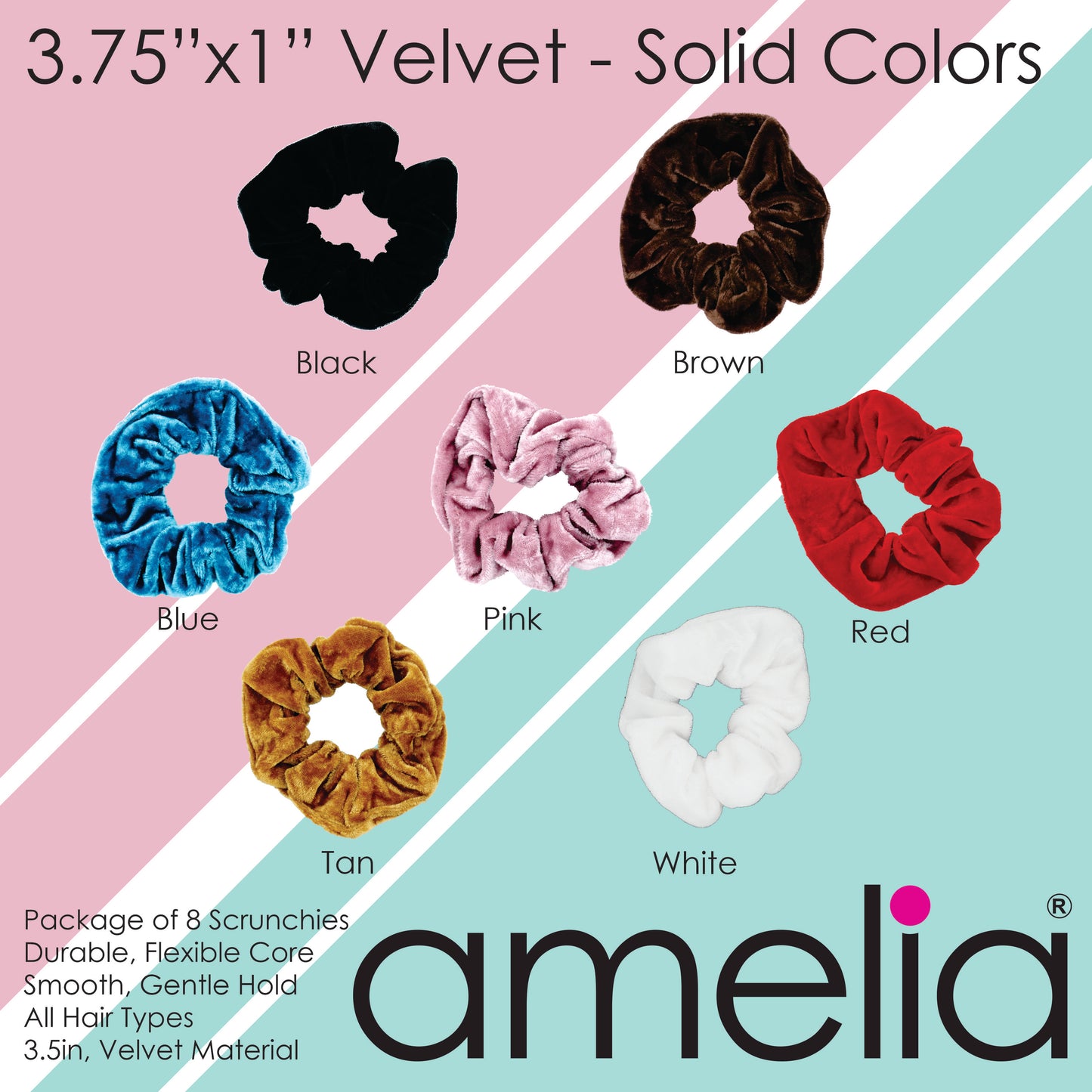 Amelia Beauty Products, Black, Red, White and Blue Velvet Velvet Scrunchies, 3.5in Diameter, Gentle on Hair, Strong Hold, No Snag, No Dents or Creases. 8 Pack
