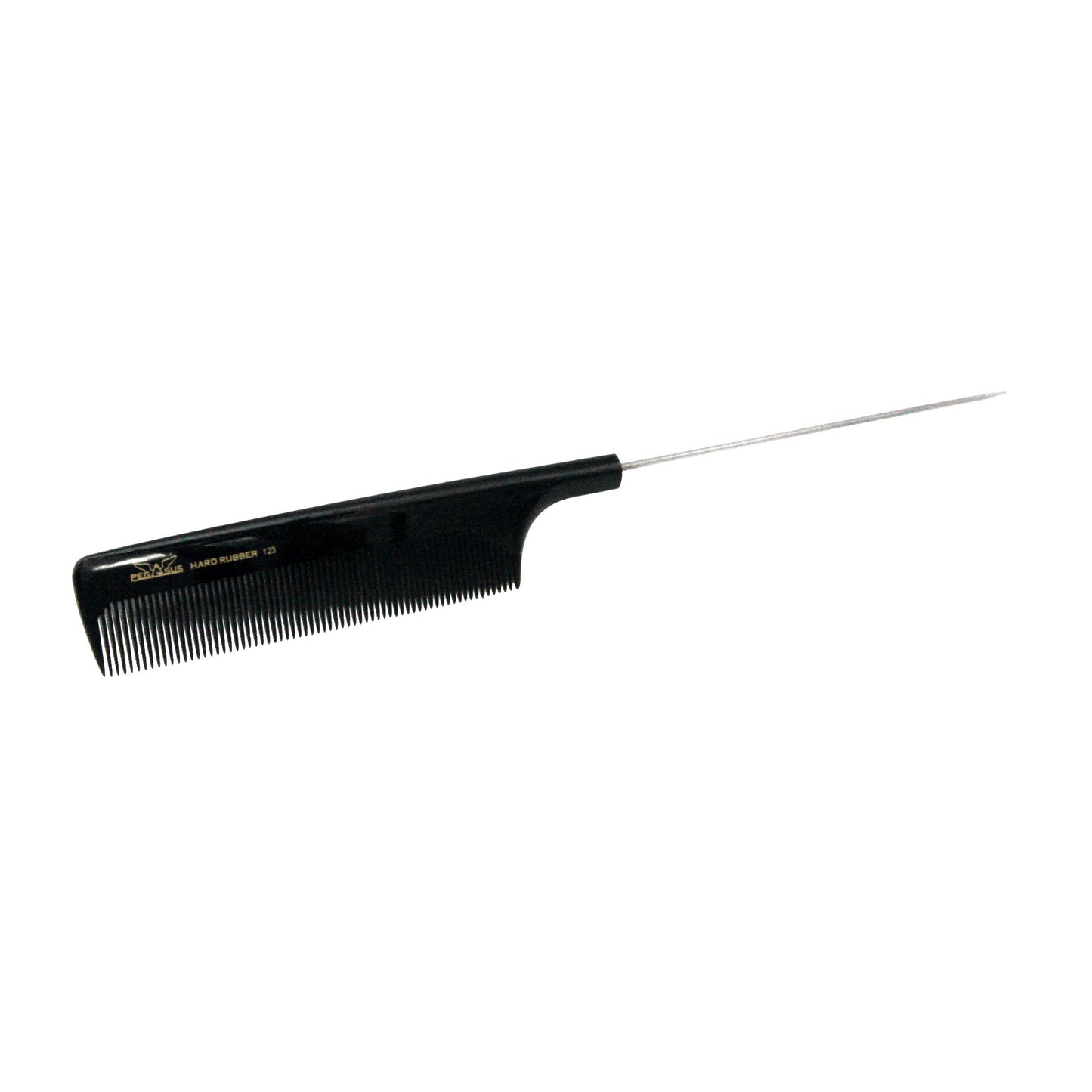 Pegasus 123, 9.75in Hard Rubber Fine Tooth Pintail Comb, Seamless, Anti Static, Heat and Chemically Resistant, Stainless Steel Pin, Great for Parting, Coloring Hair | Peines de goma dura - Black