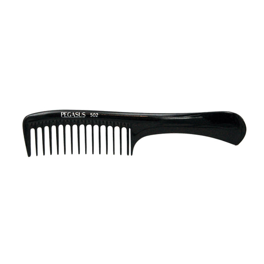 Pegasus 502, 9in Hard Rubber Wide Tooth Handle Comb, Handmade, Seamless, Smooth Edges, Anti Static, Heat and Chemically Resistant, Wet Hair, Everyday Grooming Comb | Peines de goma dura - Black