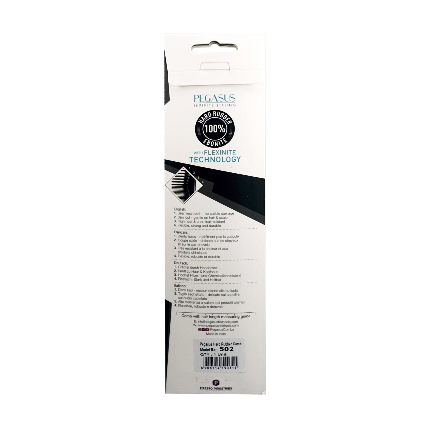 Pegasus 502, 9in Hard Rubber Wide Tooth Handle Comb, Handmade, Seamless, Smooth Edges, Anti Static, Heat and Chemically Resistant, Wet Hair, Everyday Grooming Comb | Peines de goma dura - Black