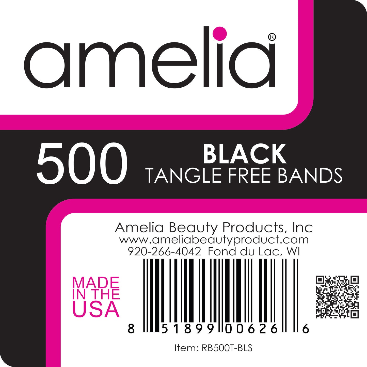 Amelia Beauty | 1/2in, Black, Tangle Free Elastic Pony Tail Holders | Made in USA, Ideal for Ponytails, Braids, Twists. For Women, Girls. Pain Free, Snag Free, Easy Off | 500 Pack