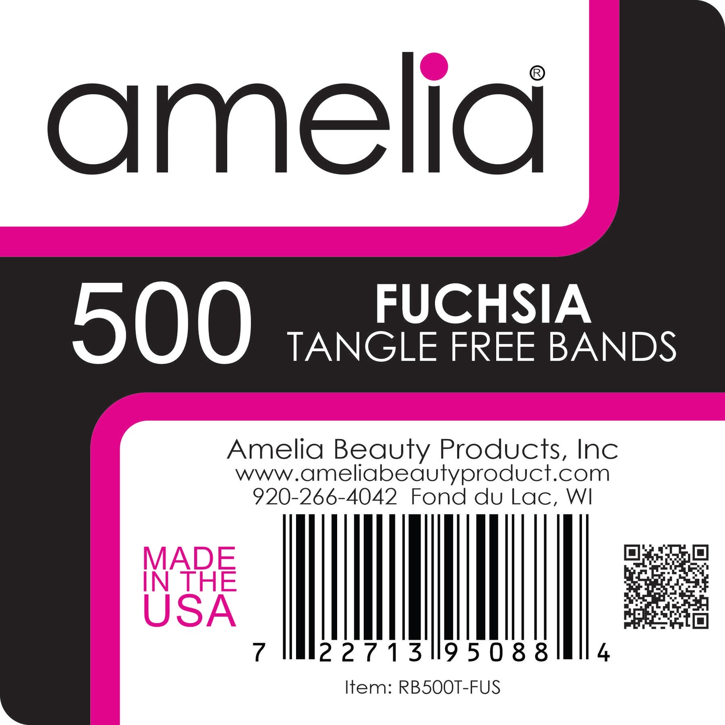 Amelia Beauty | 1/2in, Fuchsia, Tangle Free Elastic Pony Tail Holders | Made in USA, Ideal for Ponytails, Braids, Twists. For Women, Girls. Pain Free, Snag Free, Easy Off | 500 Pack